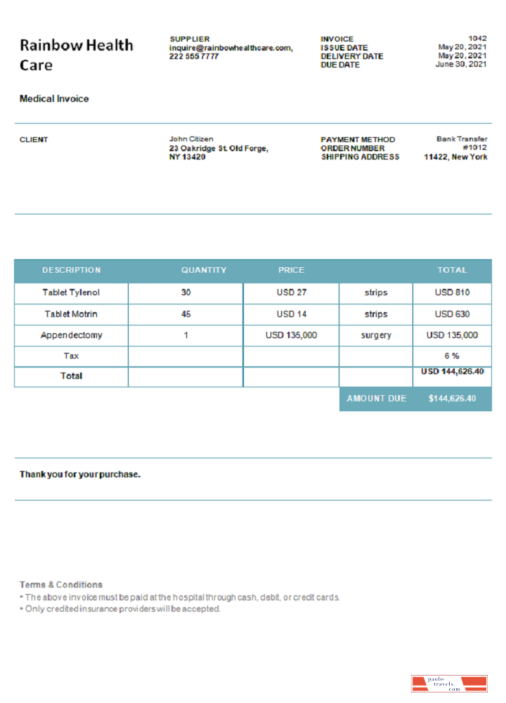 USA Rainbow Health Care invoice PSD template